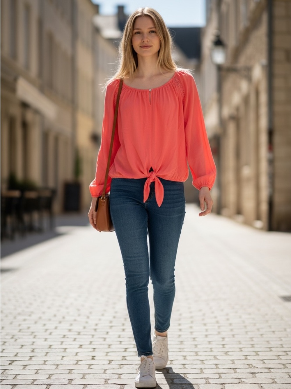 Coral Tie-Front Peasant Blouse